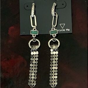 Guess Silver and Green Dangle Earrings with Tassel Design ~ NWT